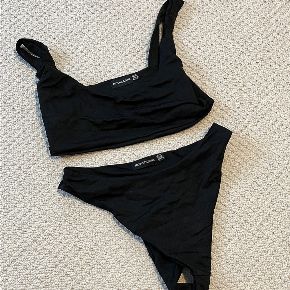 PrettyLittleThing Black Shimmer Bikini Set with High Waist Thong Bottom Size 6